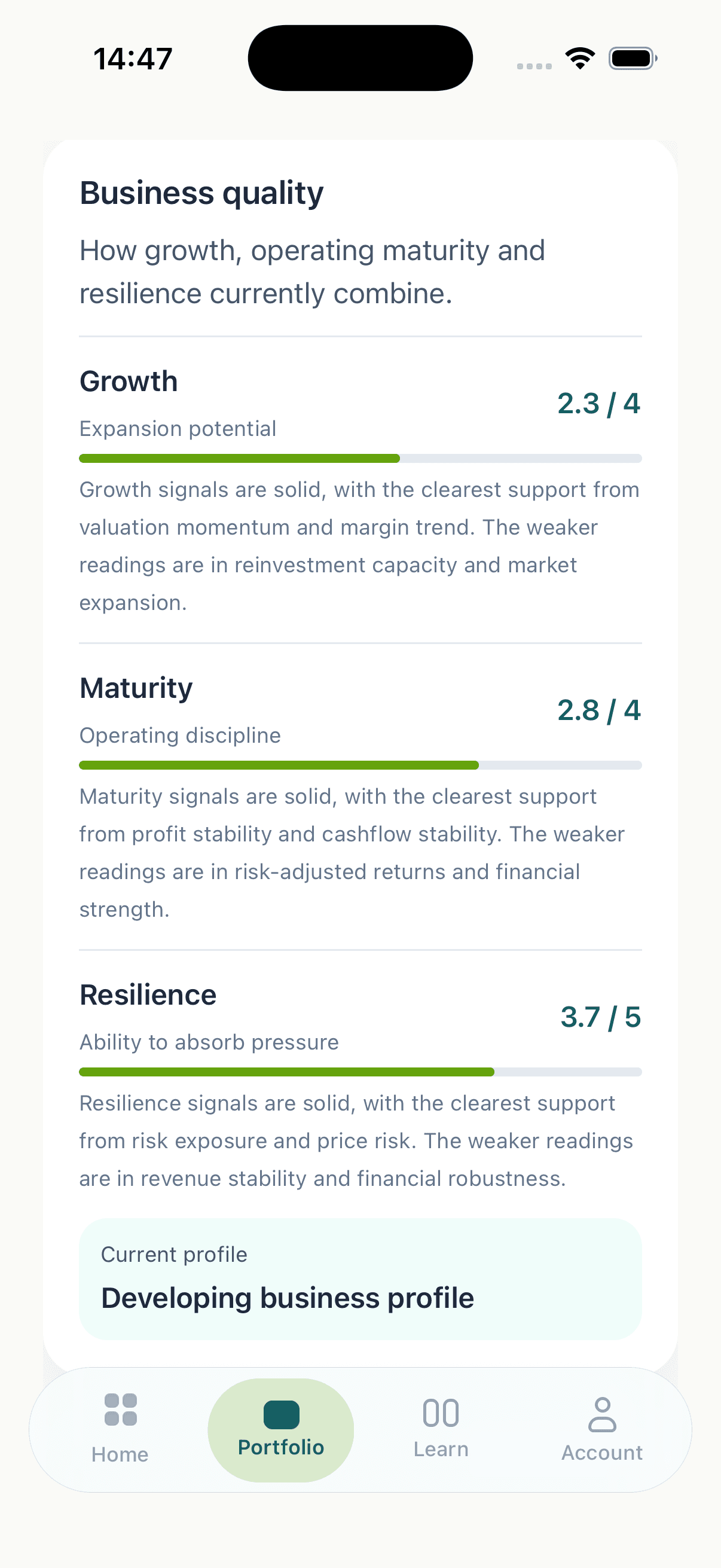 Illustrative app screen showing business quality, maturity and resilience