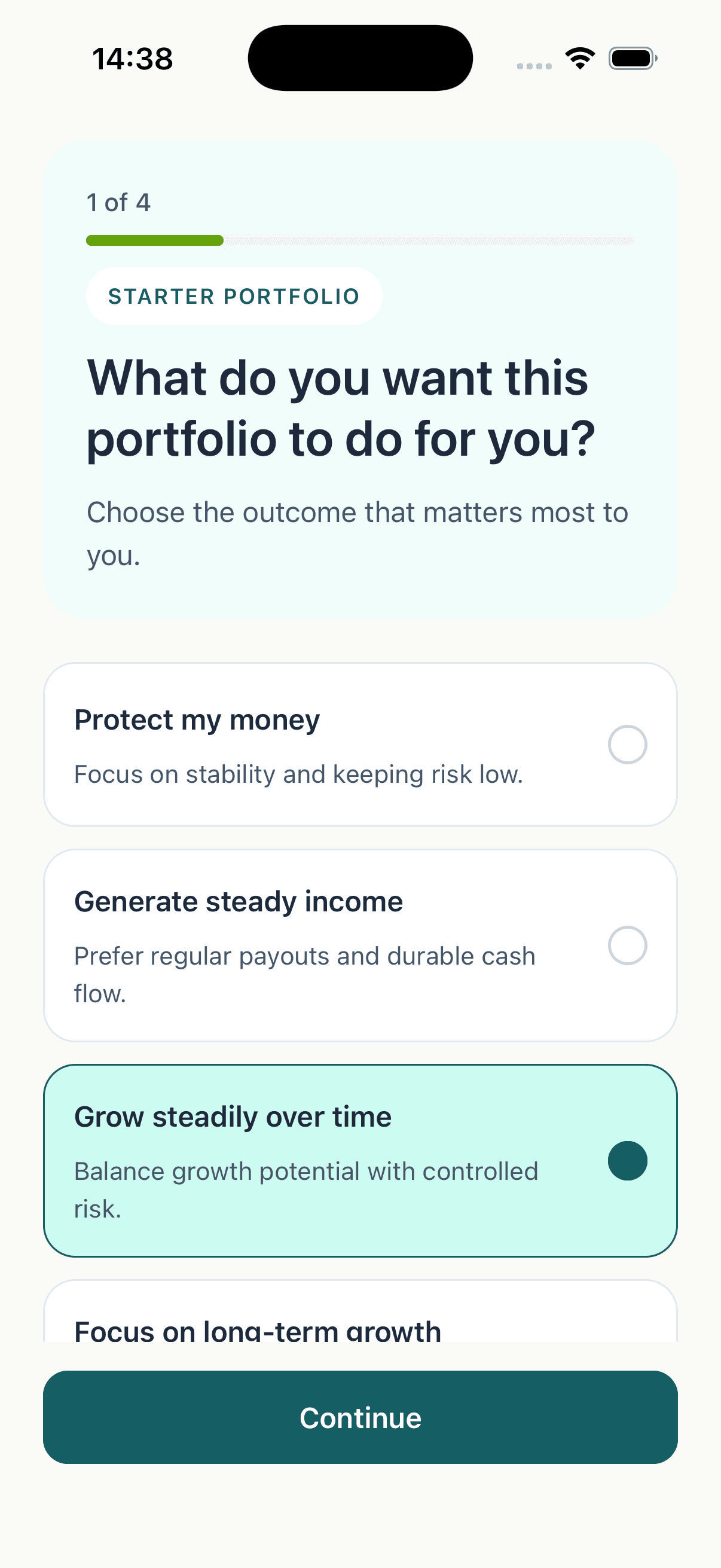 Illustrative app screen showing the first guided-start question